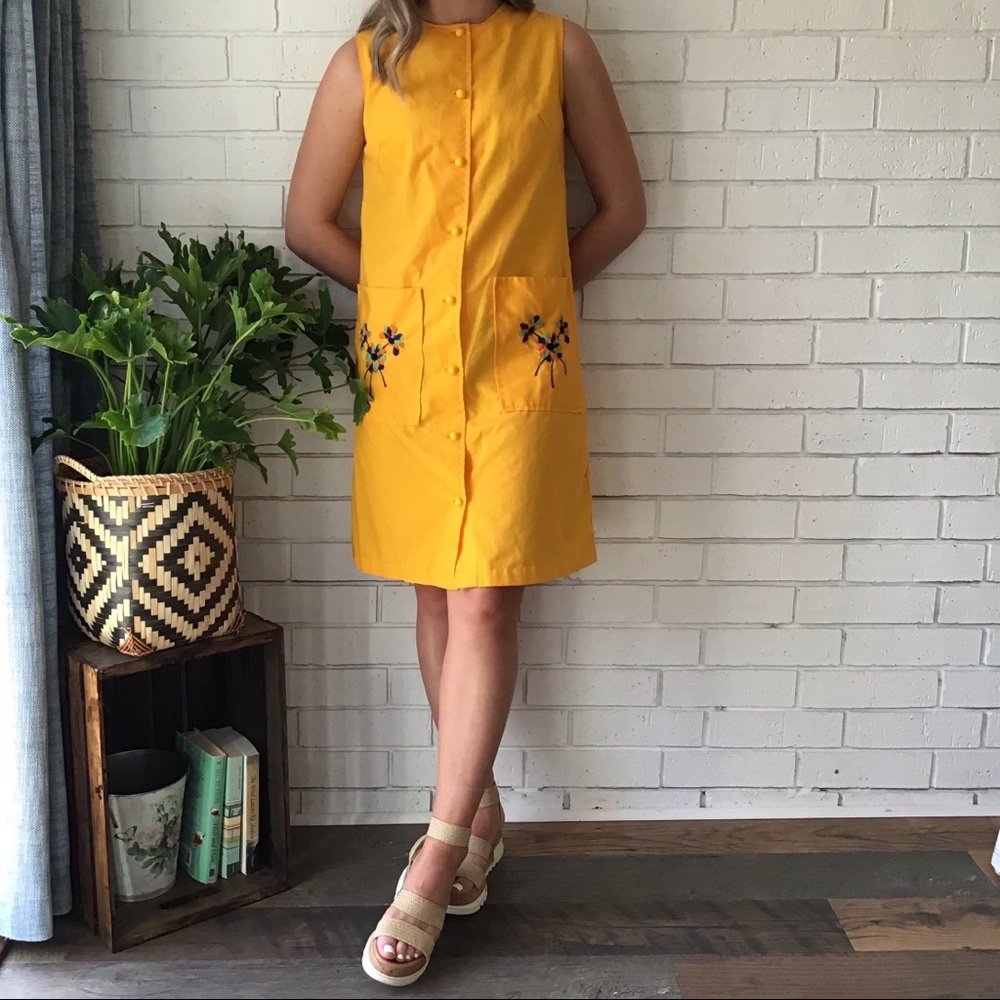 Vintage Yellow Gold Button Up Mini Shirt Dress